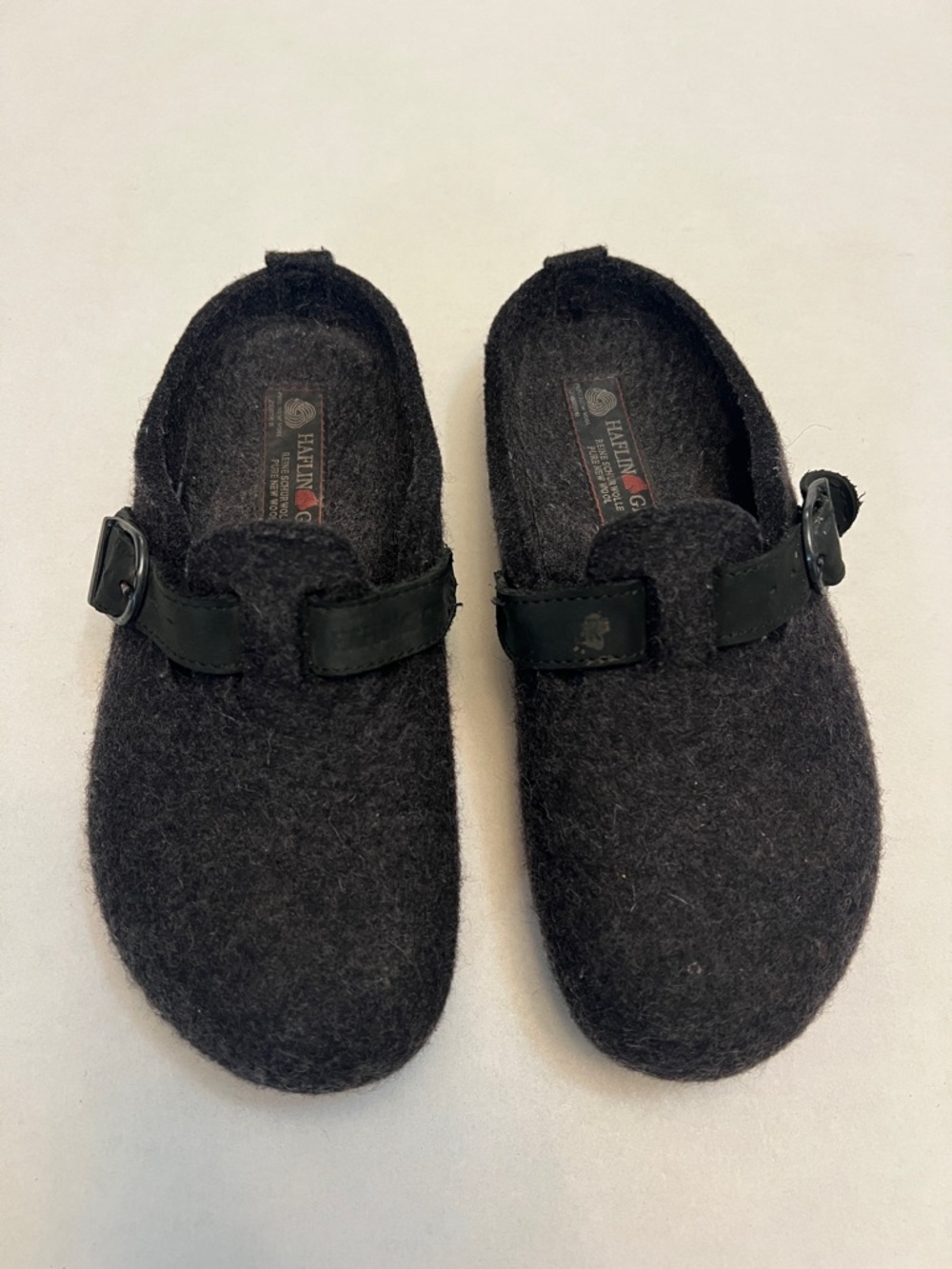 HAFLINGER BLACK CHARCOAL WOOL CLOGS WITH LEATHER ACCENTS & BUCKLES 38=7 US